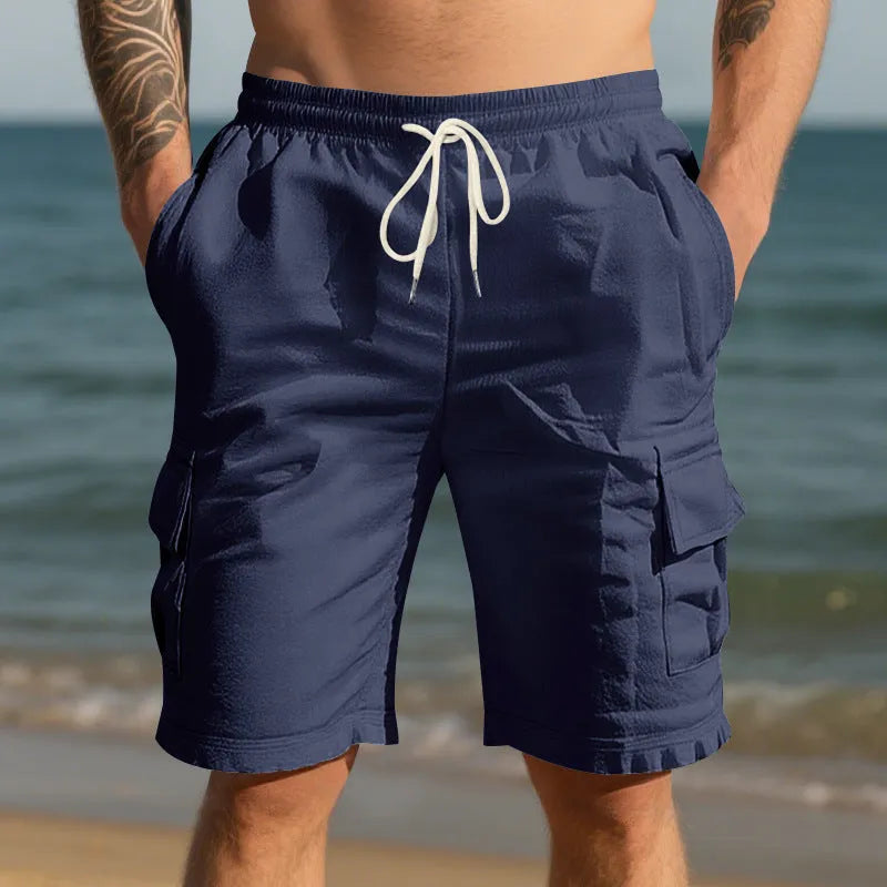 Men's cotton linen casual shorts with multiple pockets in loose fit straight leg design