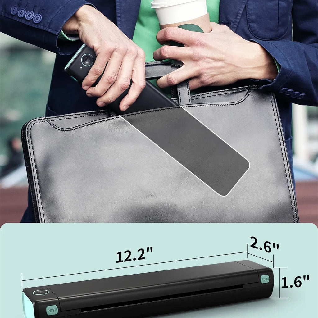 Phomemo M08F portable A4 thermal printer in various colours with charging cable