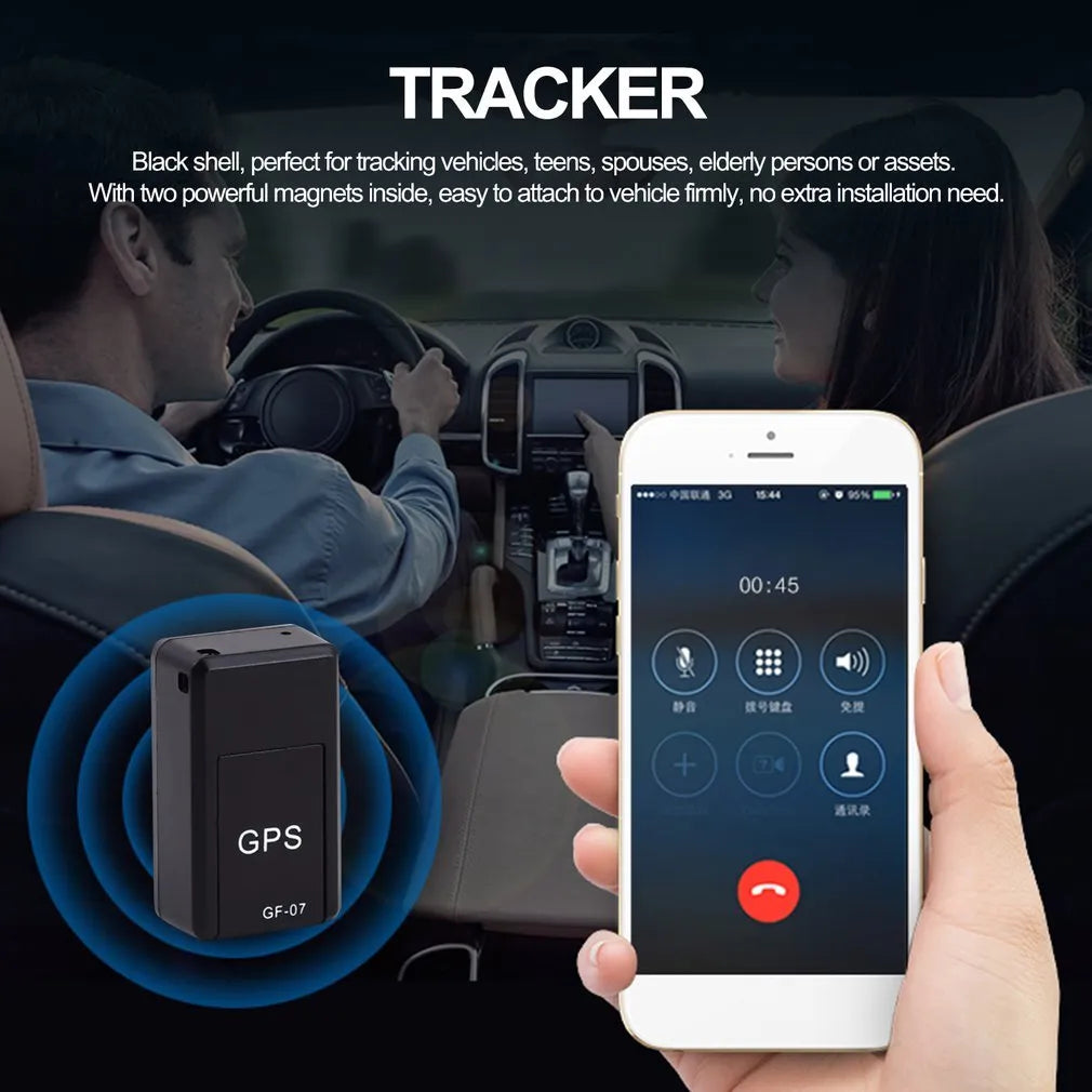 Small black magnetic GPS tracker device shown next to a USB charging cable.