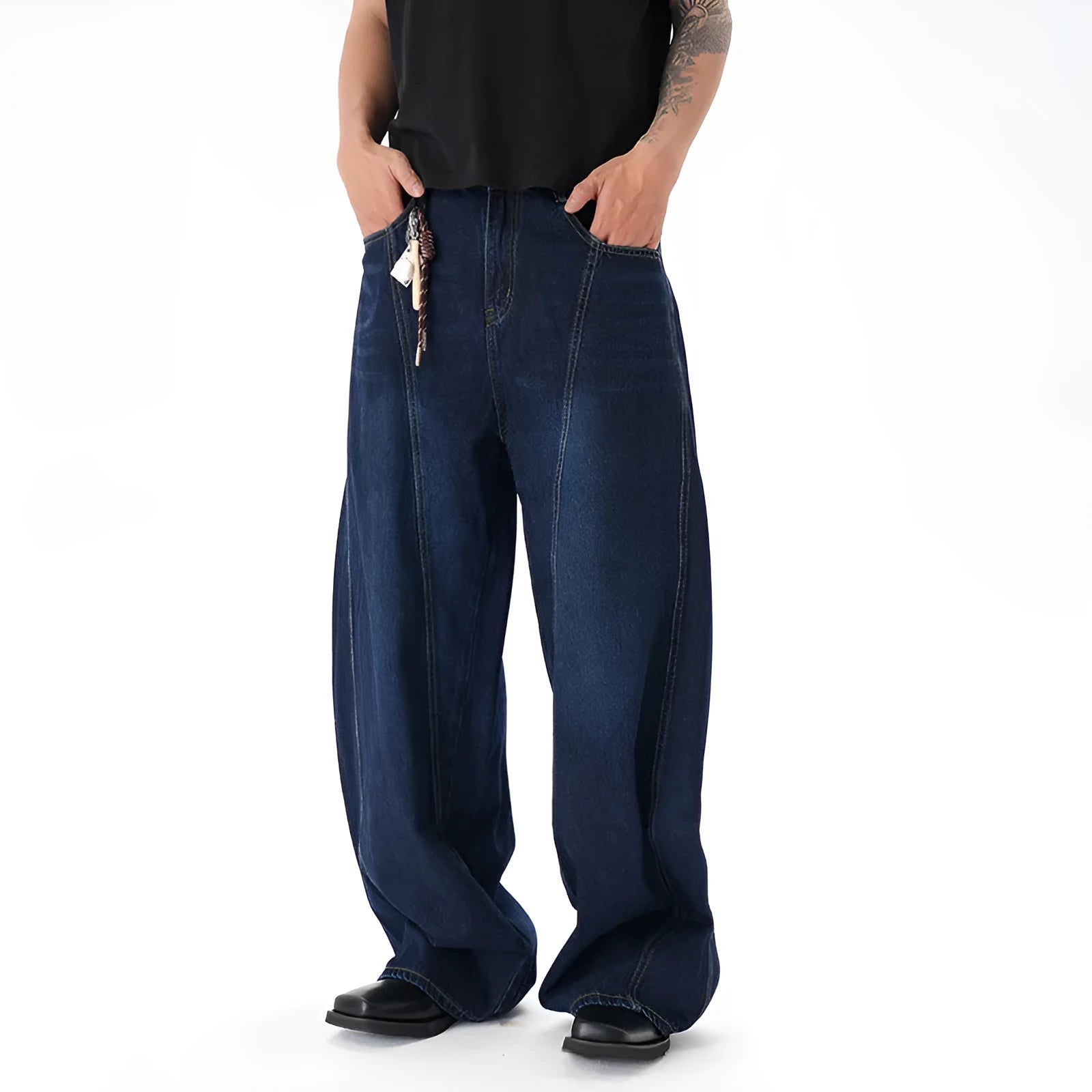Dark blue women's wide-leg denim jeans with distressed detailing on the legs.