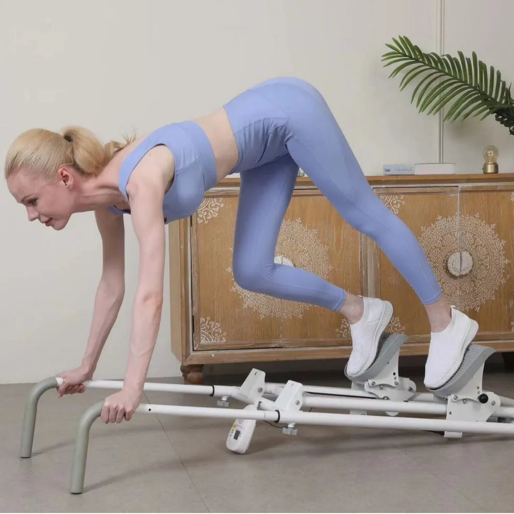 Foldable white home treadmill and climbing machine set with starlight white finish