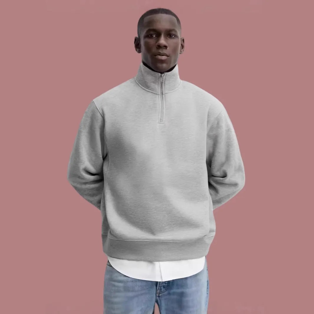 Grey half zipped stand collar cotton sweater for men and women with long sleeves and grinding texture