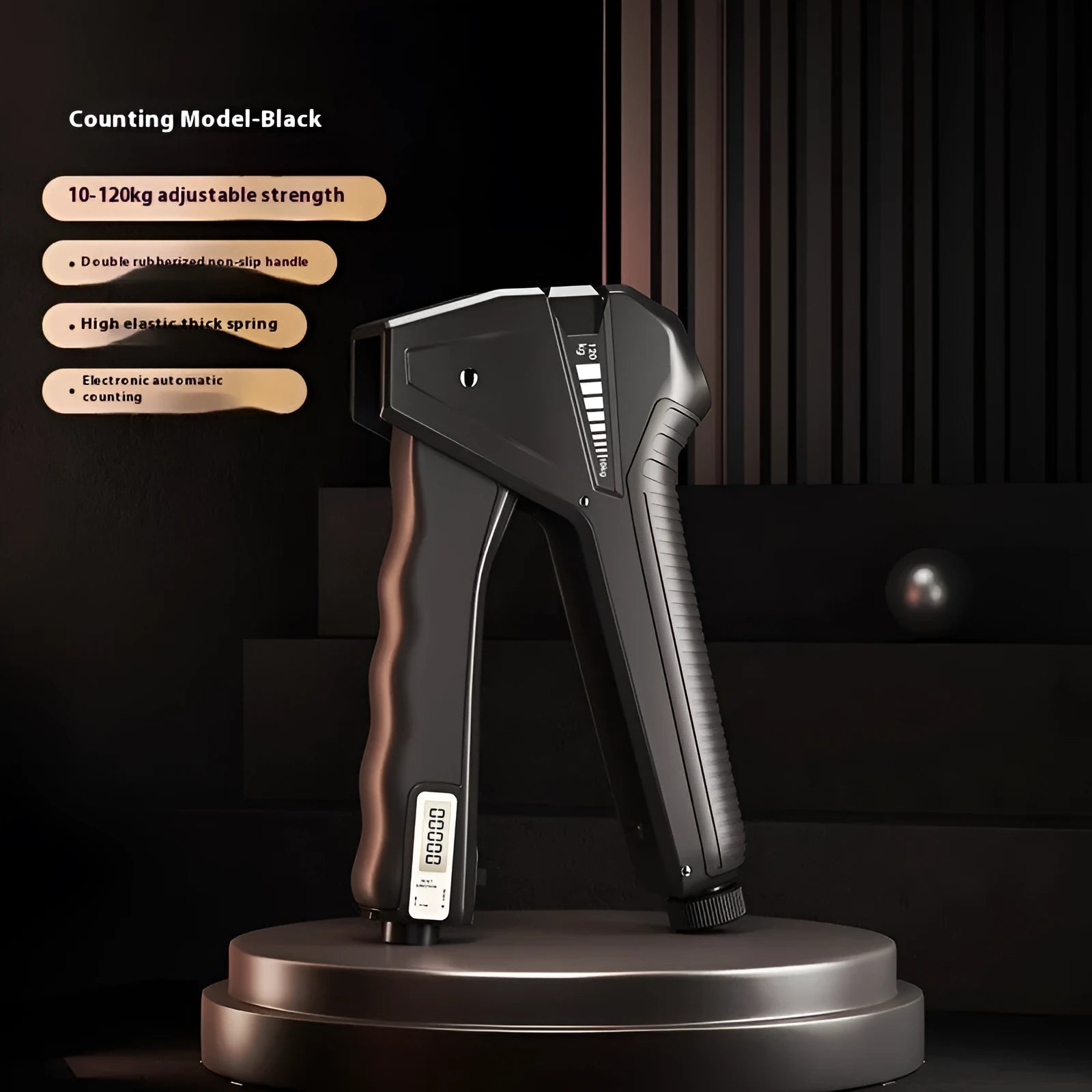 Adjustable hand gripper with spring mechanism showing 5-60kg resistance range in black colour option