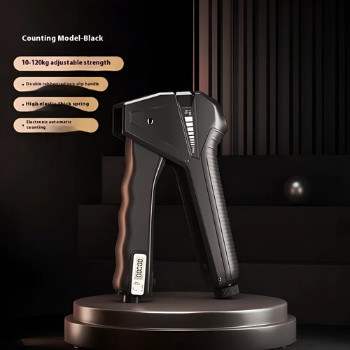 Adjustable hand gripper with spring mechanism showing 5-60kg resistance range in black colour option