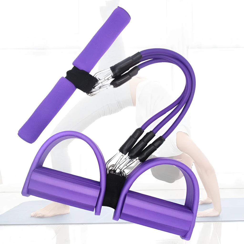 Three tube removable pedal tension rope in purple, blue, pink, or red for foot stretch and leg crunches