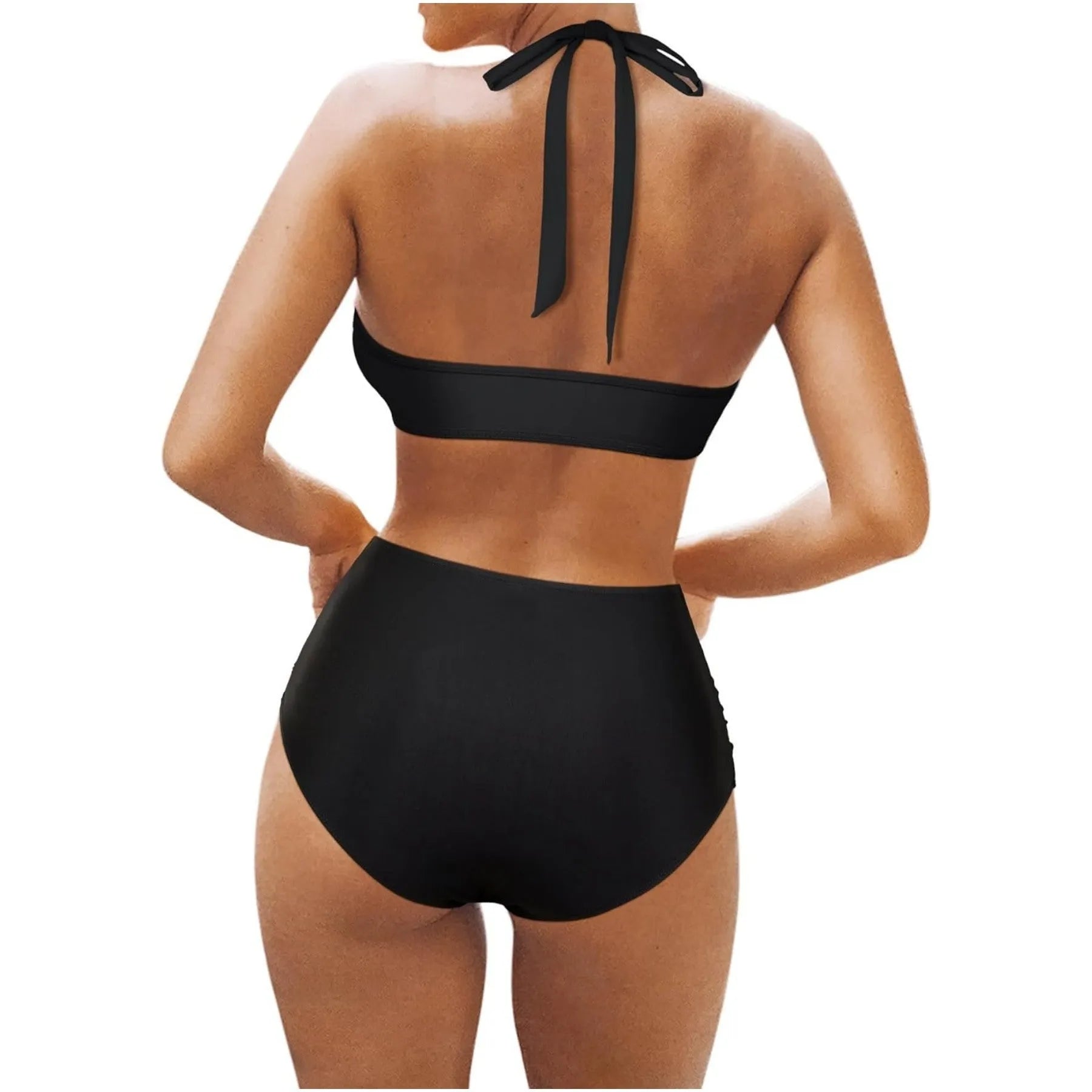 Women's polyester fibre bikini swimsuit in black, rose red, or leopard print with matching top and briefs