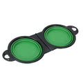 Blue folding silicone double pet bowl for dogs and cats, shown collapsed and unfolded.