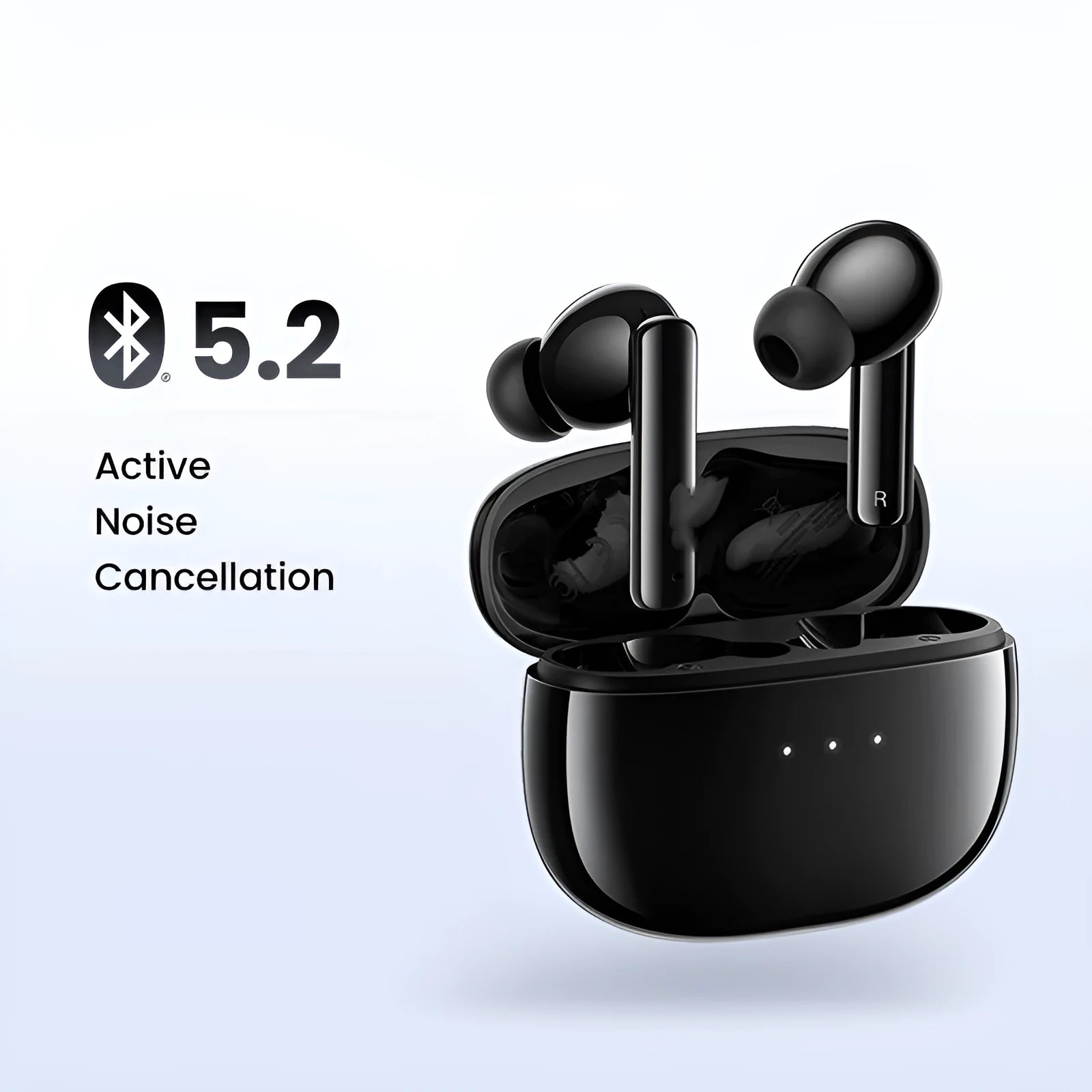 Active noise reduction Bluetooth earphones in Obsidian Black, with wireless earpiece connection, compatible with mobile phones and computers.