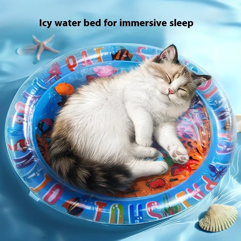 PVC inflatable water bed for cats in 100cm or 65cm sizes with aquatic graphics.