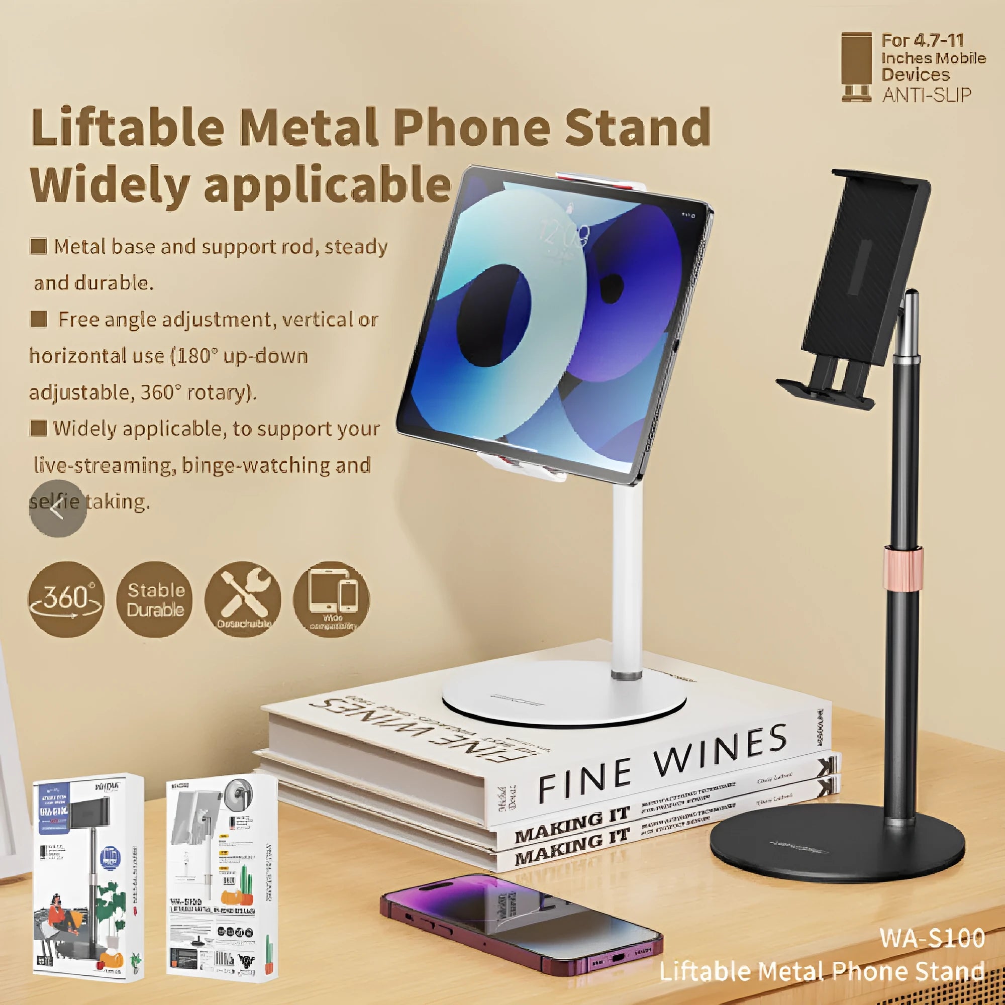 Black lifting metal bracket holding tablet with extended telescopic arm on desktop
