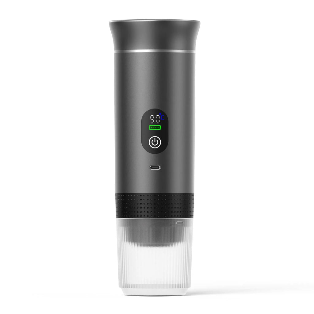 Black portable electric capsule coffee machine with LCD screen for use in cars and outdoor travel.