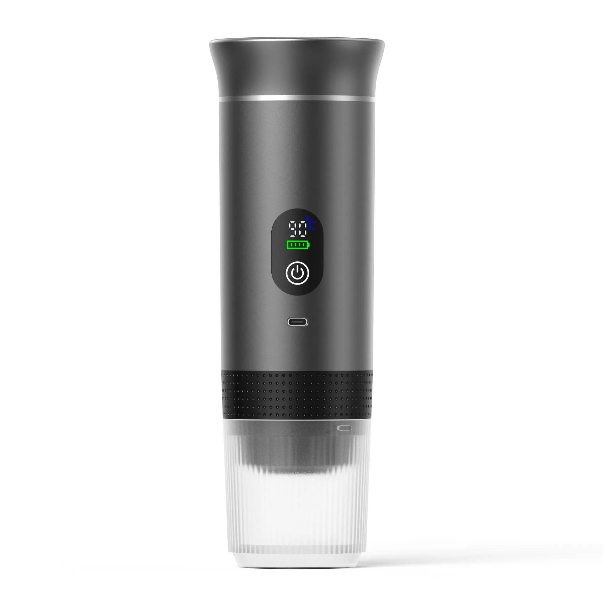Black portable electric capsule coffee machine with LCD screen for use in cars and outdoor travel.