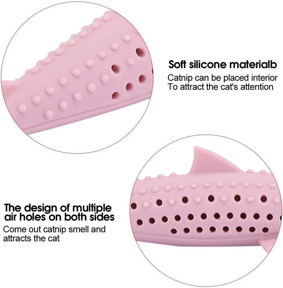 Green silicone fish-shaped chew toy for cats on a white background, showing breathable side holes.