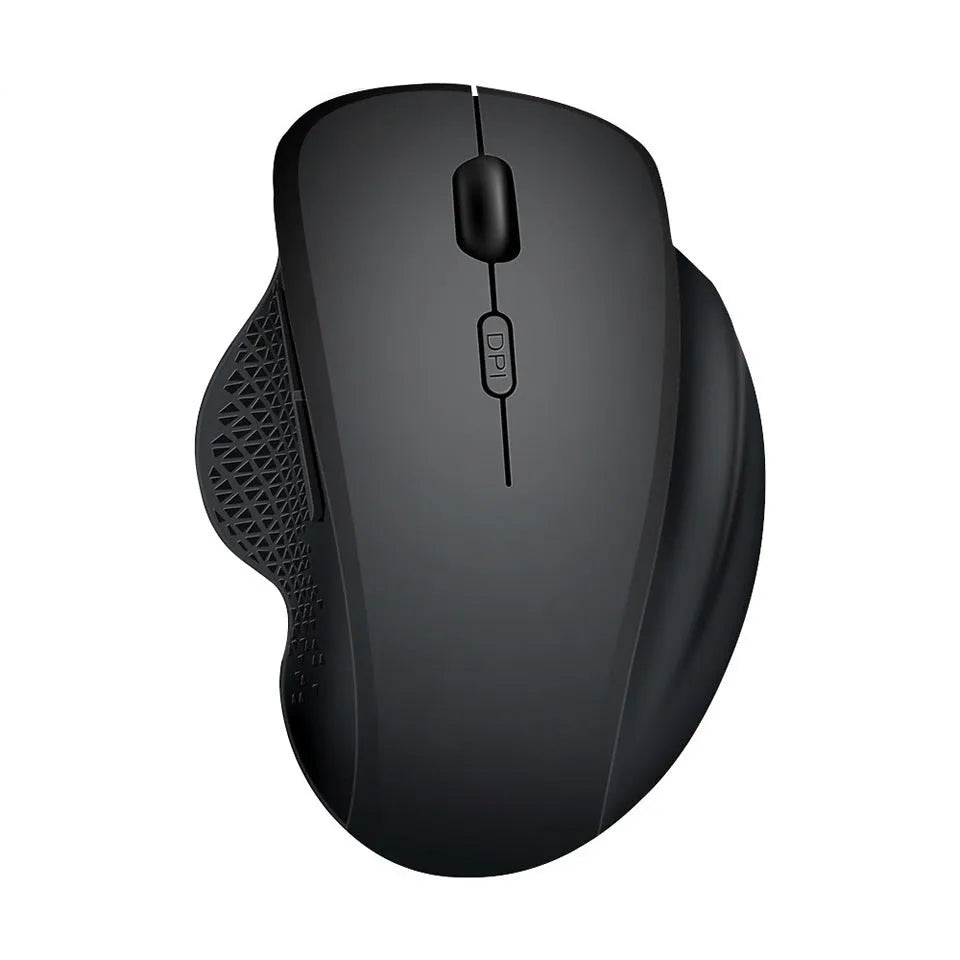 Grey and black wireless laptop mouse with USB charging cable showing compact dimensions