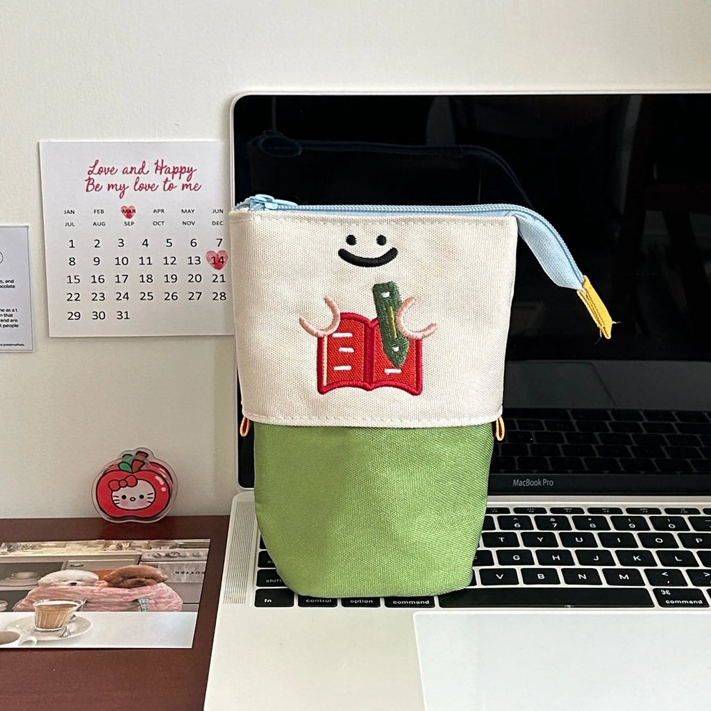 Korean style cartoon collapsible pencil case in Oxford fabric, brown colour