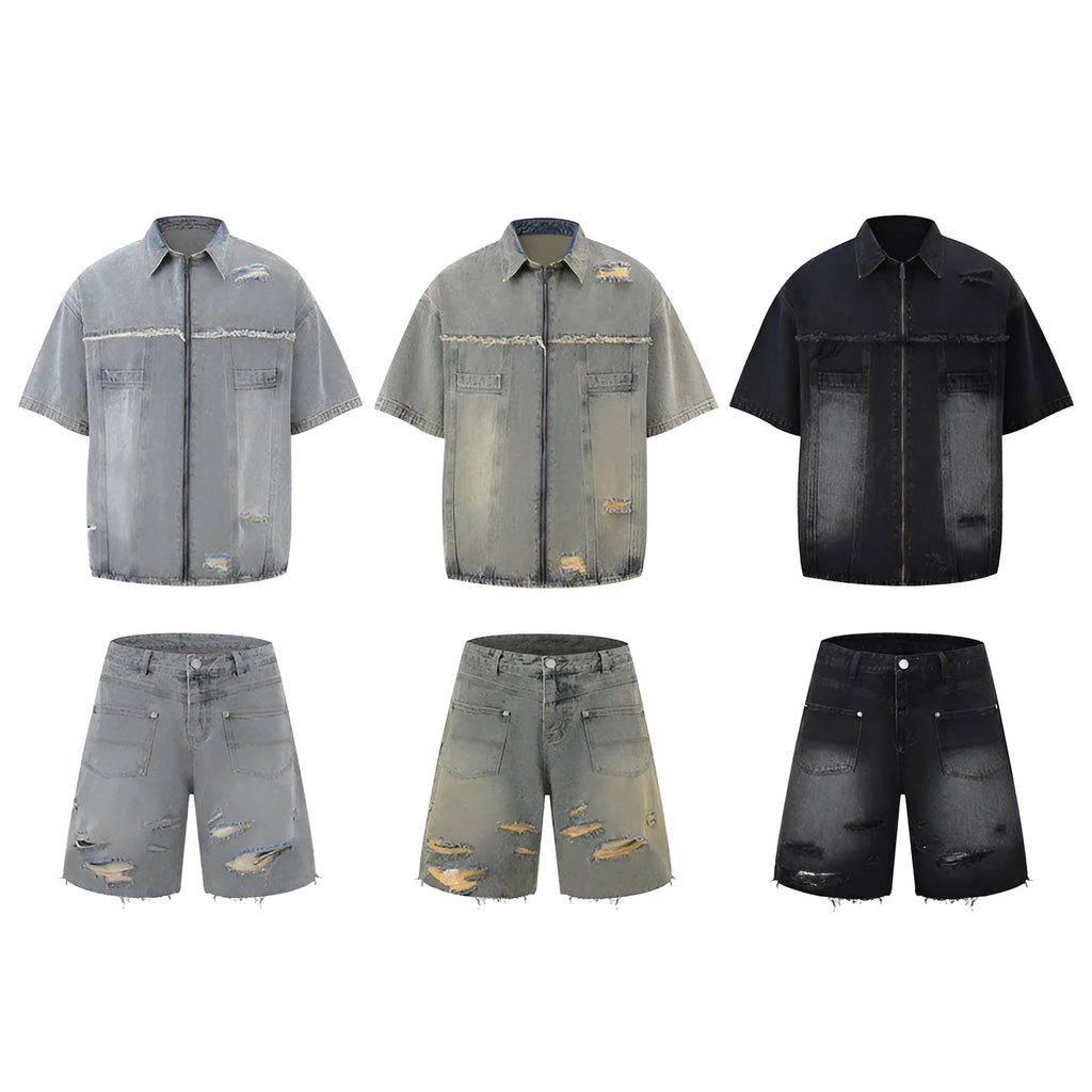 Denim overalls suit with short sleeve top and matching trousers in street style design