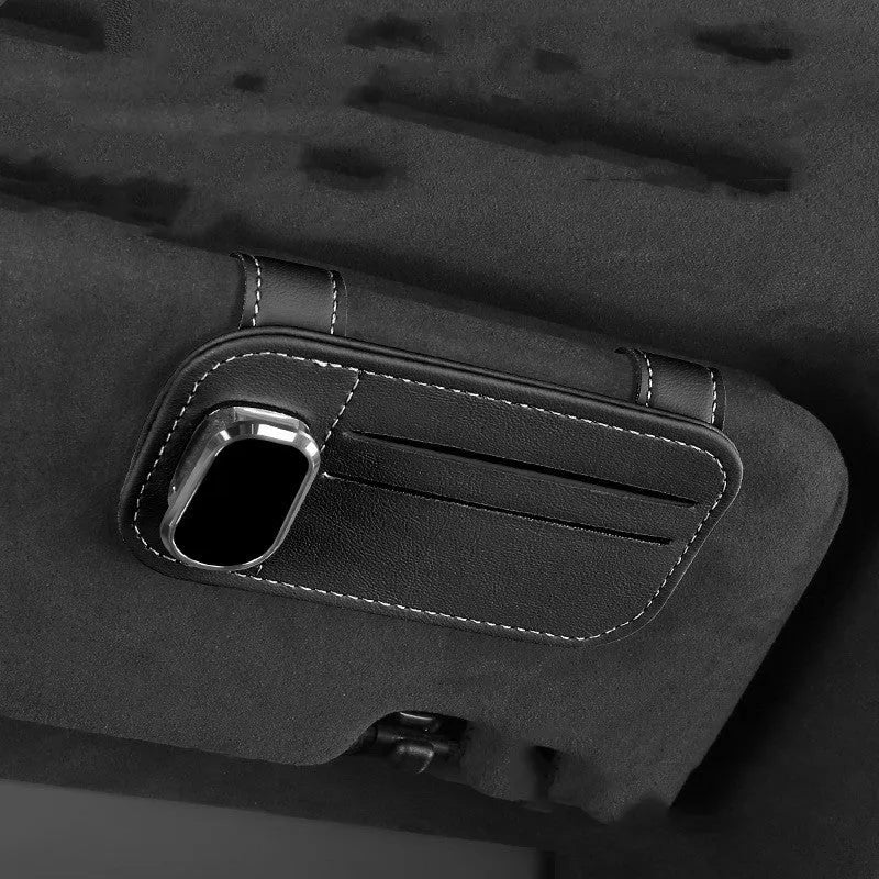 Leather sun louver card holder with glasses clip for car organisation in multiple colour options