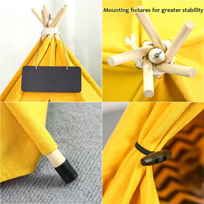 Striped linen pet teepee tent bed with cushion for a small dog or cat