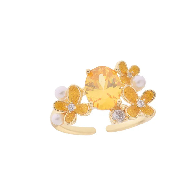 Women's open ring with floral zircon stones in light purple electroplated metal