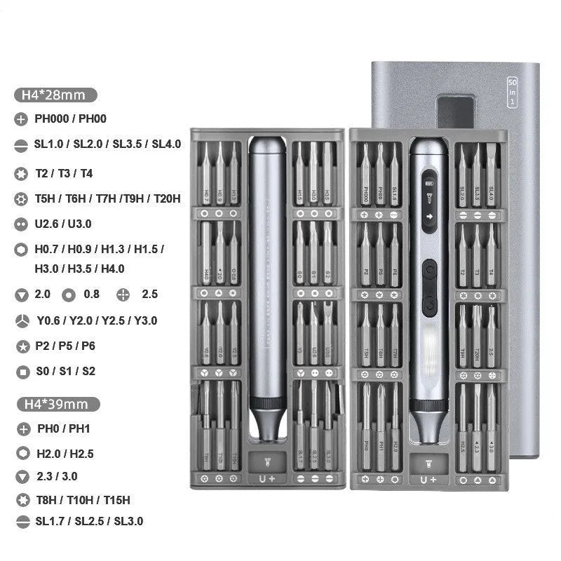 Precision electric screwdriver with aluminium alloy handle showing length and design details