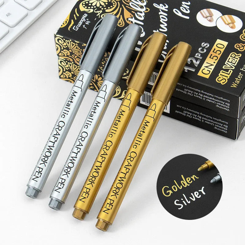English Packaging metal paint pen with plastic shell, shown in gold and silver colour options.