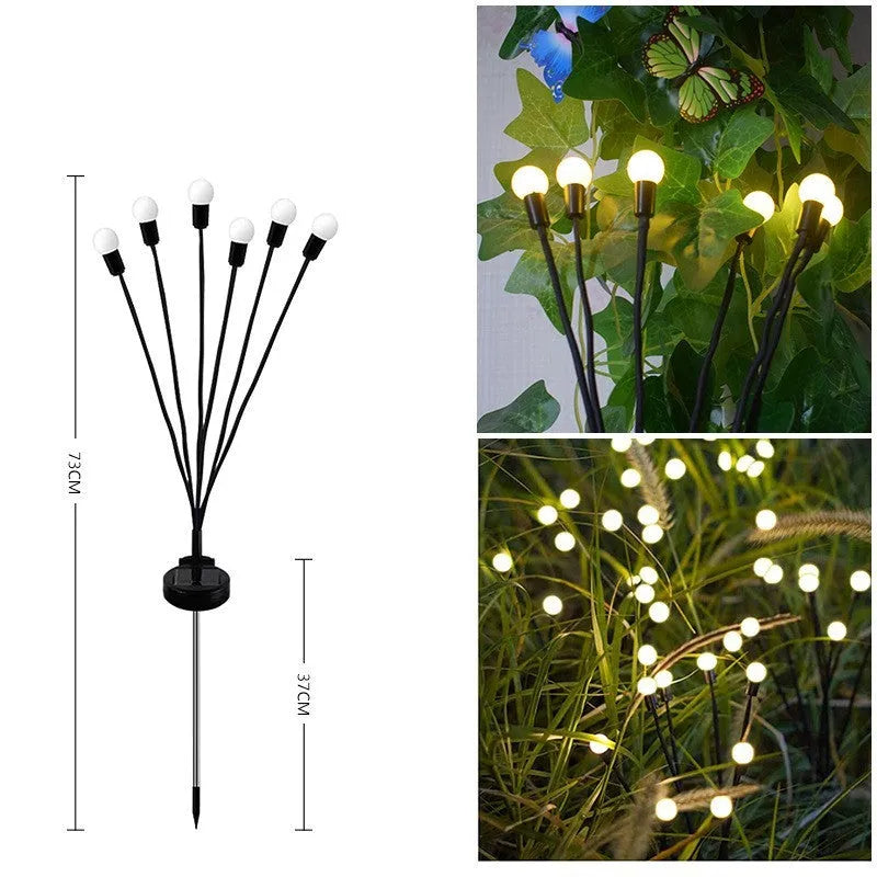 Solar-powered LED garden stake light with multiple heads on a stainless steel spike, showing warm white and coloured light modes.