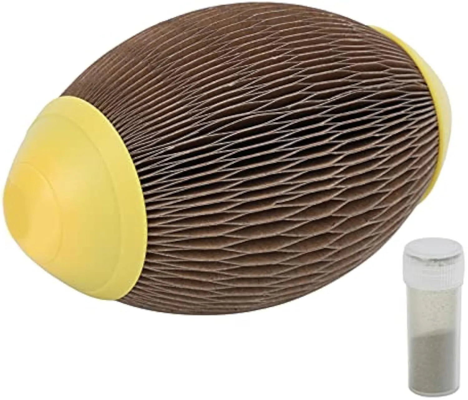 Elliptical corrugated paper catnip ball toy with scratching surface for feline play