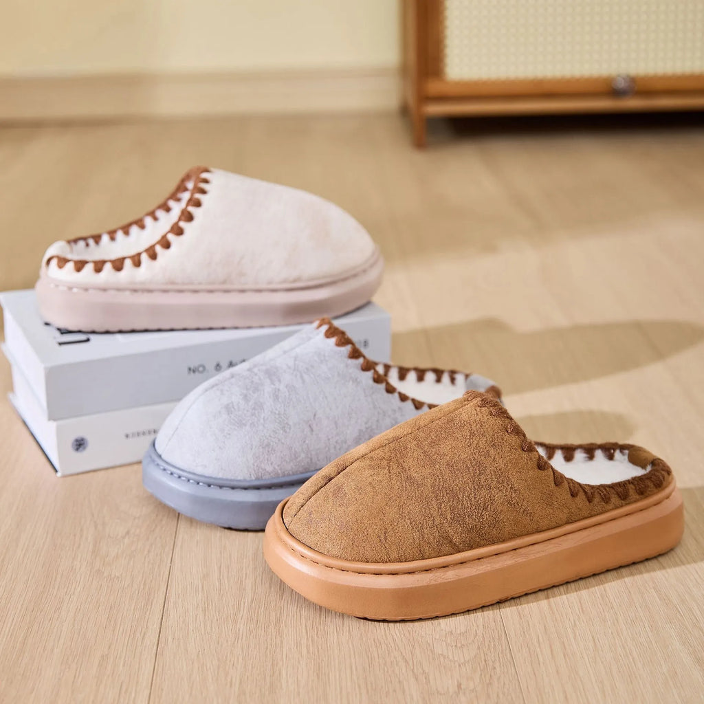 Indoor non-slip cotton slippers for men and women in beige, brown, and gray with plush upper