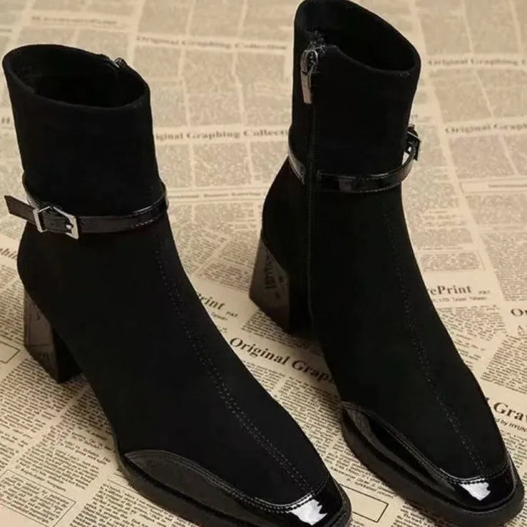 Retro French British style black suede ankle boots with square toe and thick heel