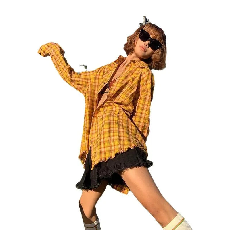 Dopamine yellow plaid shirt with a loose, cardigan-style fit on a hanger.