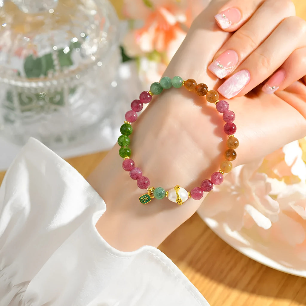 Geometric optimised tourmaline bracelet with 6.5mm chalcedony beads in natural crystal