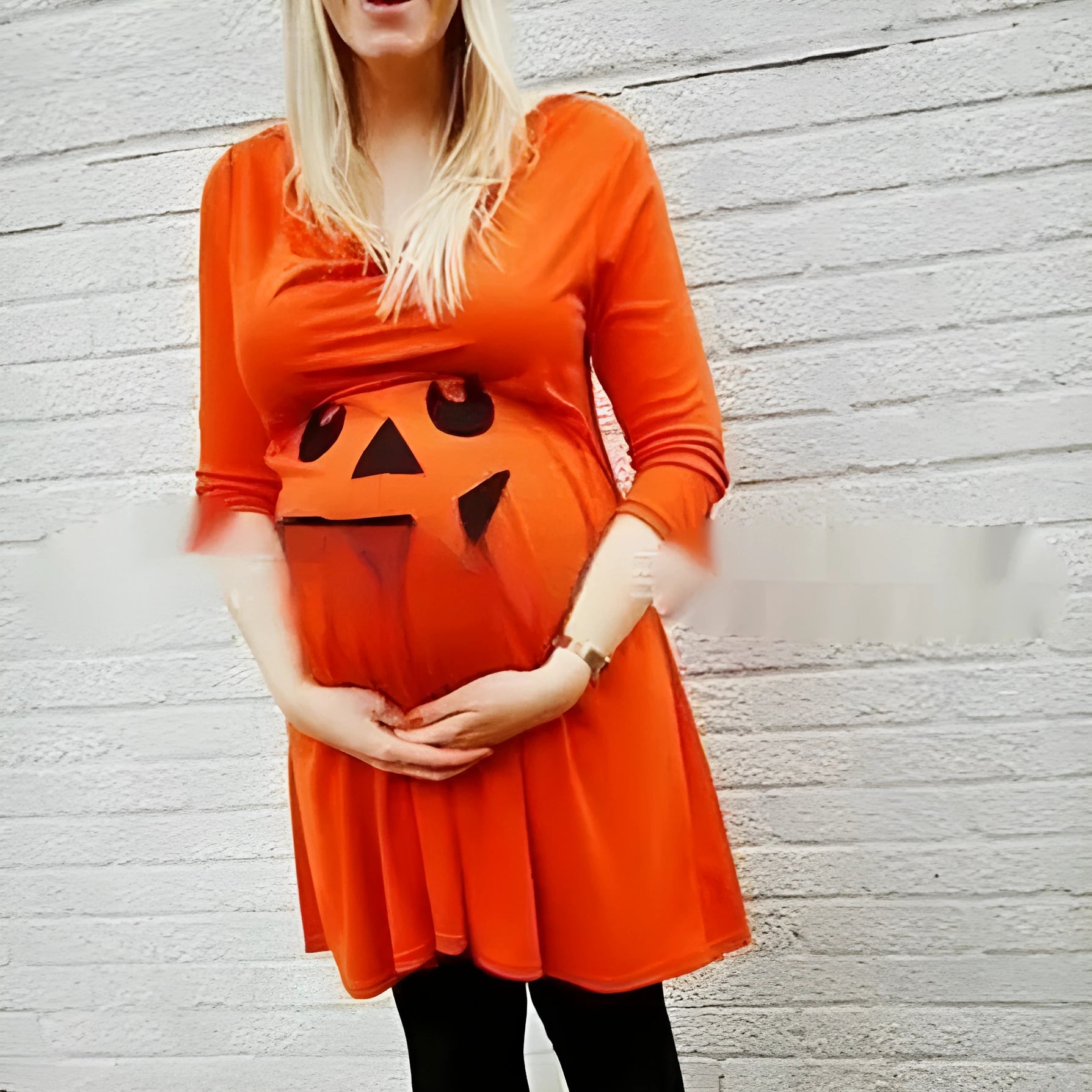 Orange cotton maternity dress on a hanger, shown in sizes up to 5XL.