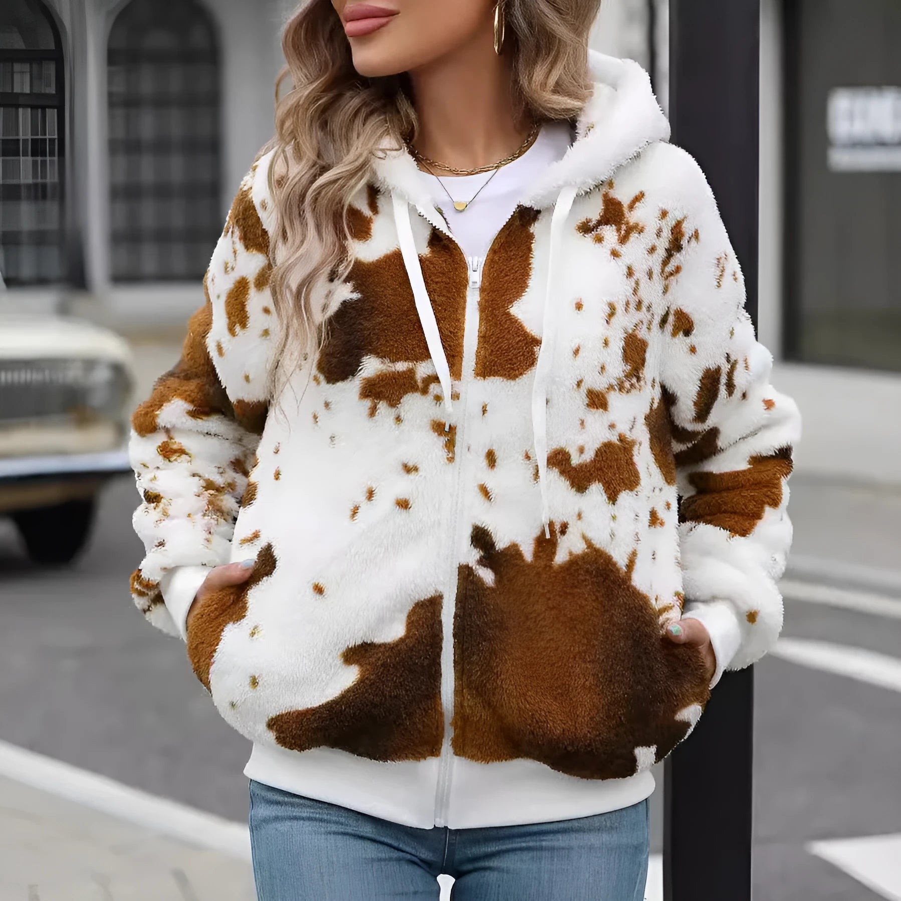Yellow brown cow print hooded cardigan jacket with front zipper on female model