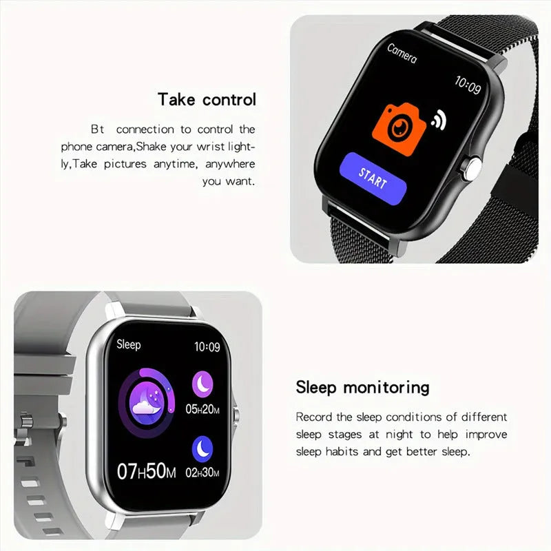 A smart watch with a large 144-inch touch screen and a silicone strap, shown on a wrist.