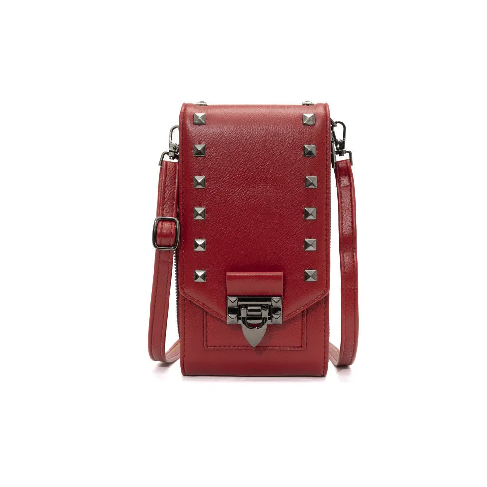 Rivet design solid colour crossbody bag for women in pink with vertical square shape and medium-long strap