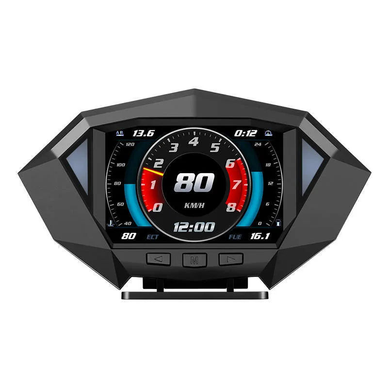 Black vehicle head-up display unit with LCD screen next to OBD cable on car dashboard