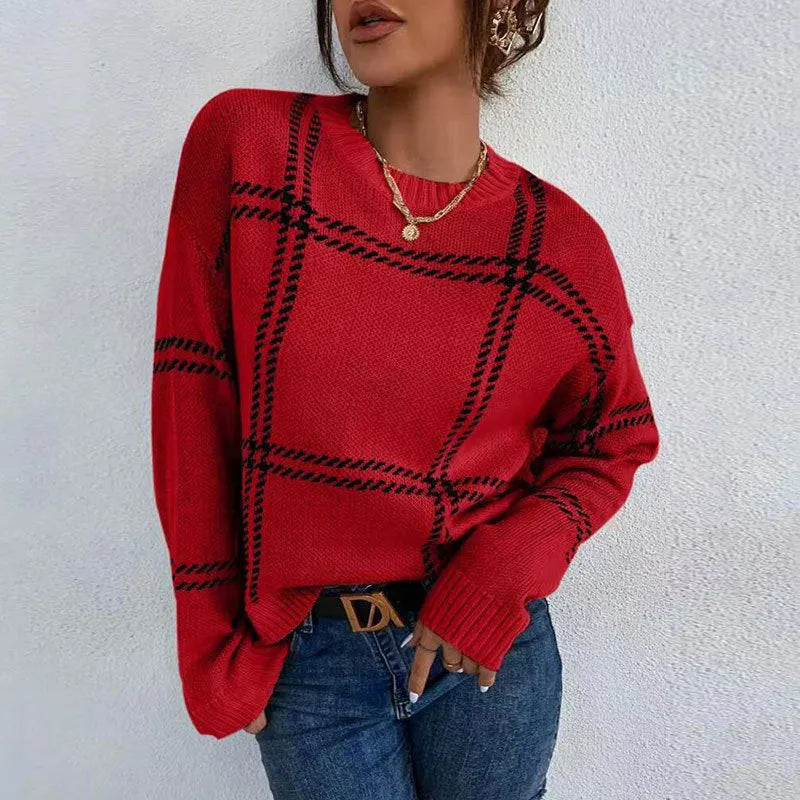 Women's plaid colour-block acrylic sweater with crew neck and loose fit in multiple colour options