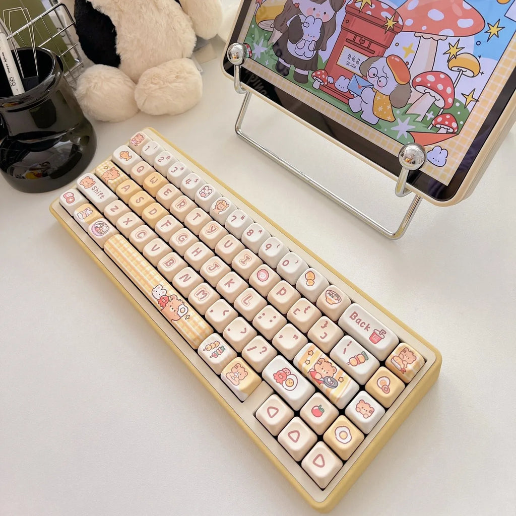 Set of 140 PBT plastic keyboard keycaps with Rabbit Bear Restaurant design in EOA height profile.