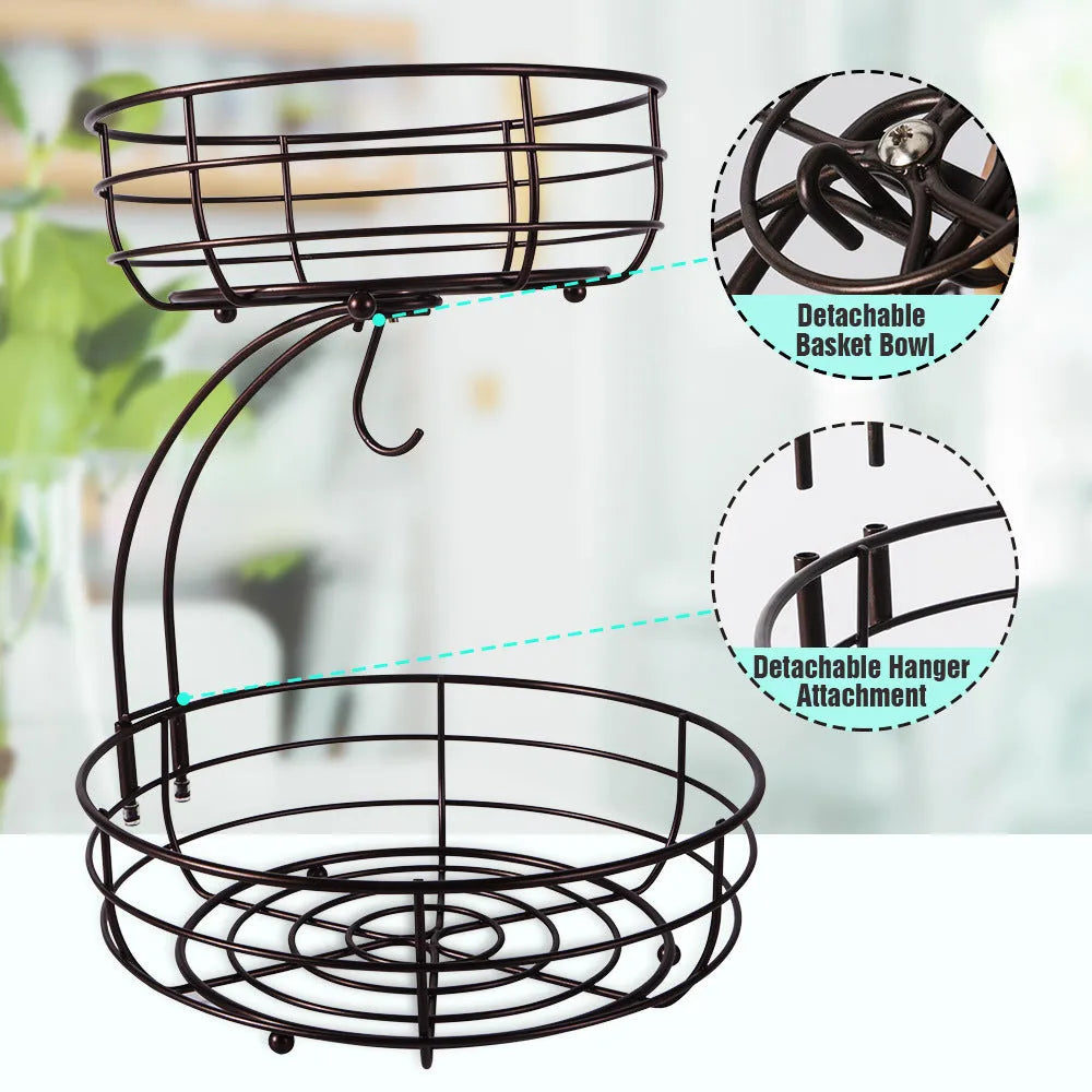 Black double-layer wrought iron fruit basket with two storage tiers