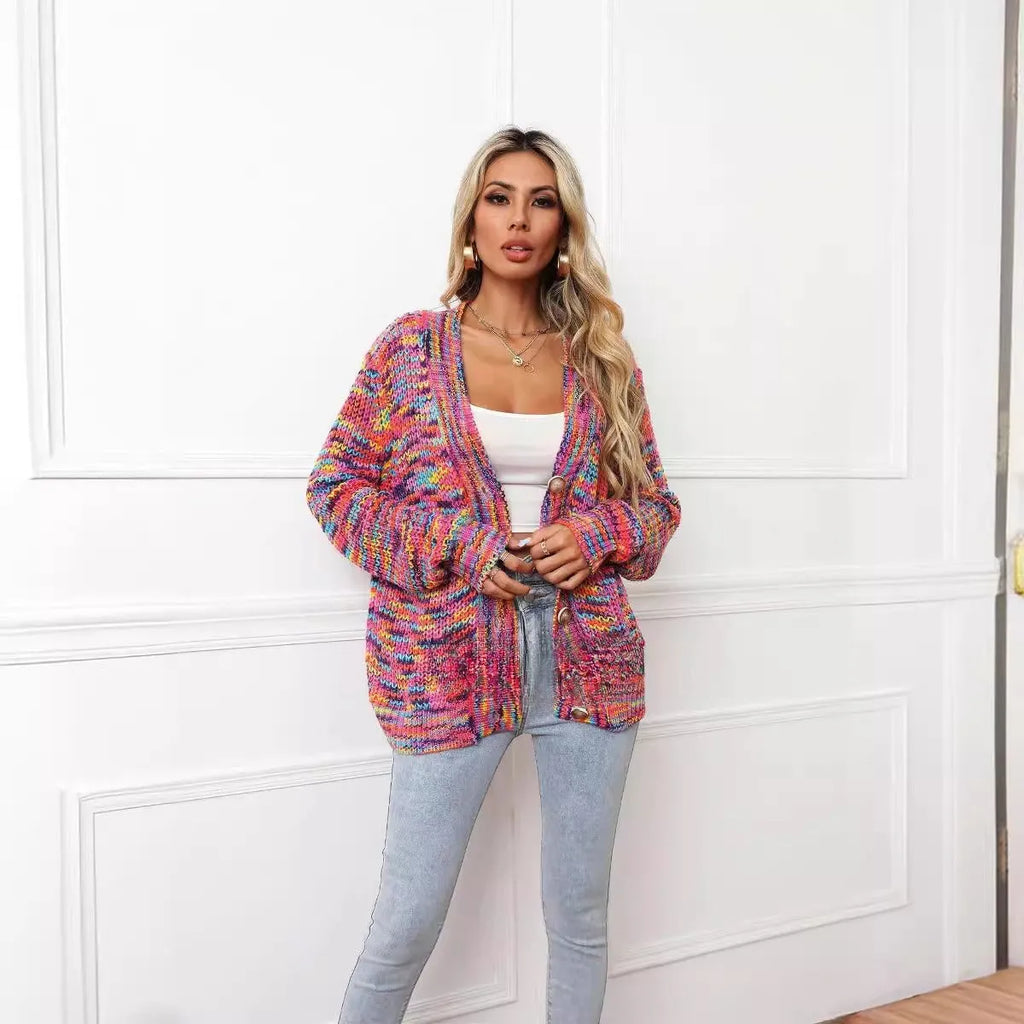 Rose red rainbow striped loose fit short cardigan knitted coat on a model.