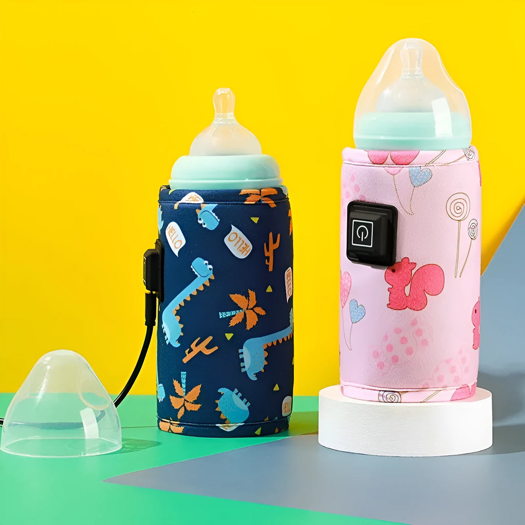 USB baby bottle warmer in a blue dinosaur patterned composite velvet insulating cover.