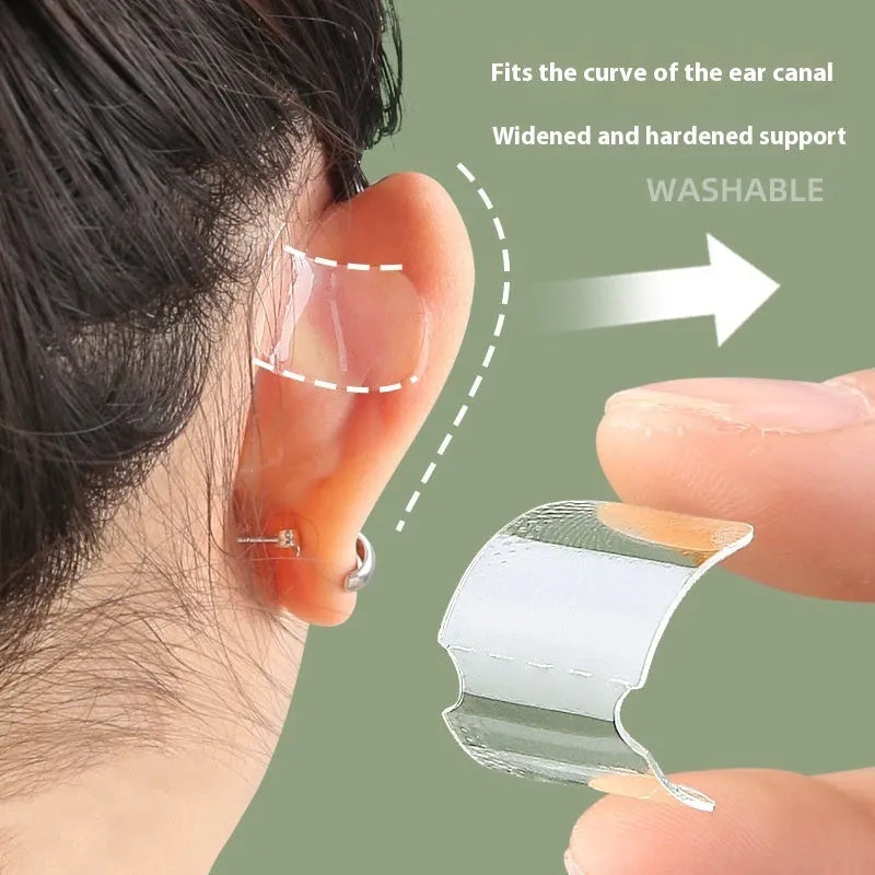 Transparent and frosted disposable ear patches showing adhesive backing and 0.1cm thickness