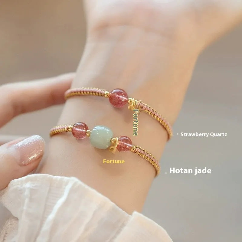 Adjustable red rope bracelet with transfer beads design in national tide style