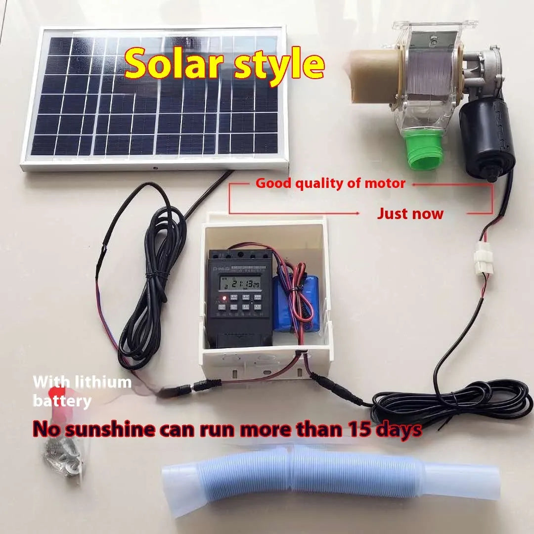 Solar-powered automatic animal feeding machine with watertight caisson for chickens, ducks, and aquariums.
