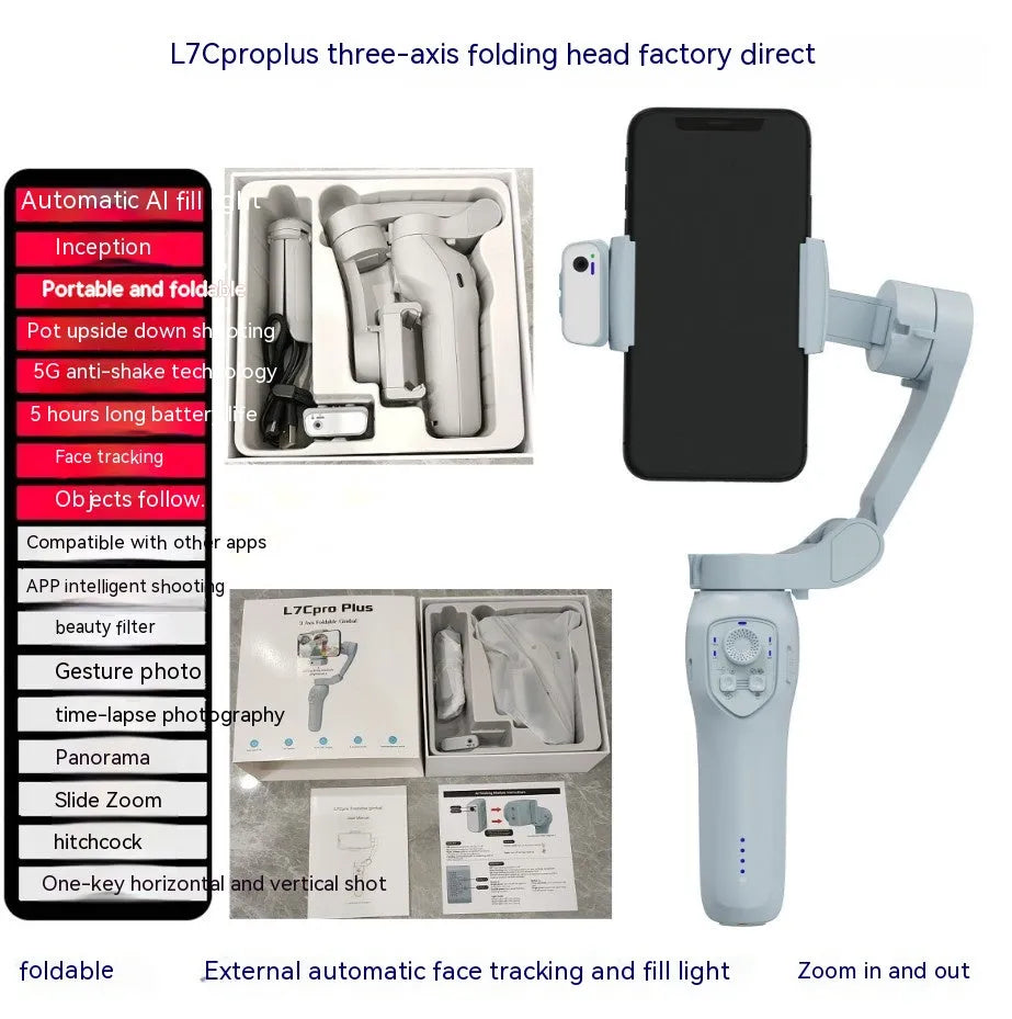 New foldable handheld stabiliser in silver grey for mobile phone with Type-C cable and manual