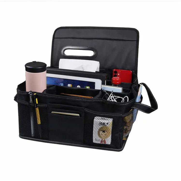 Black collapsible Oxford cloth storage box for car boot organisation, dimensions 33cm x 33cm x 16cm.