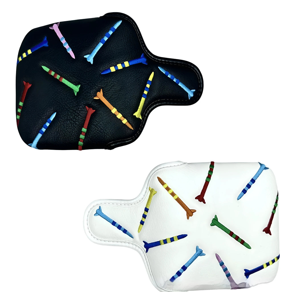 Black PU leather protective sleeve for a Rocket pattern square golf putter head.
