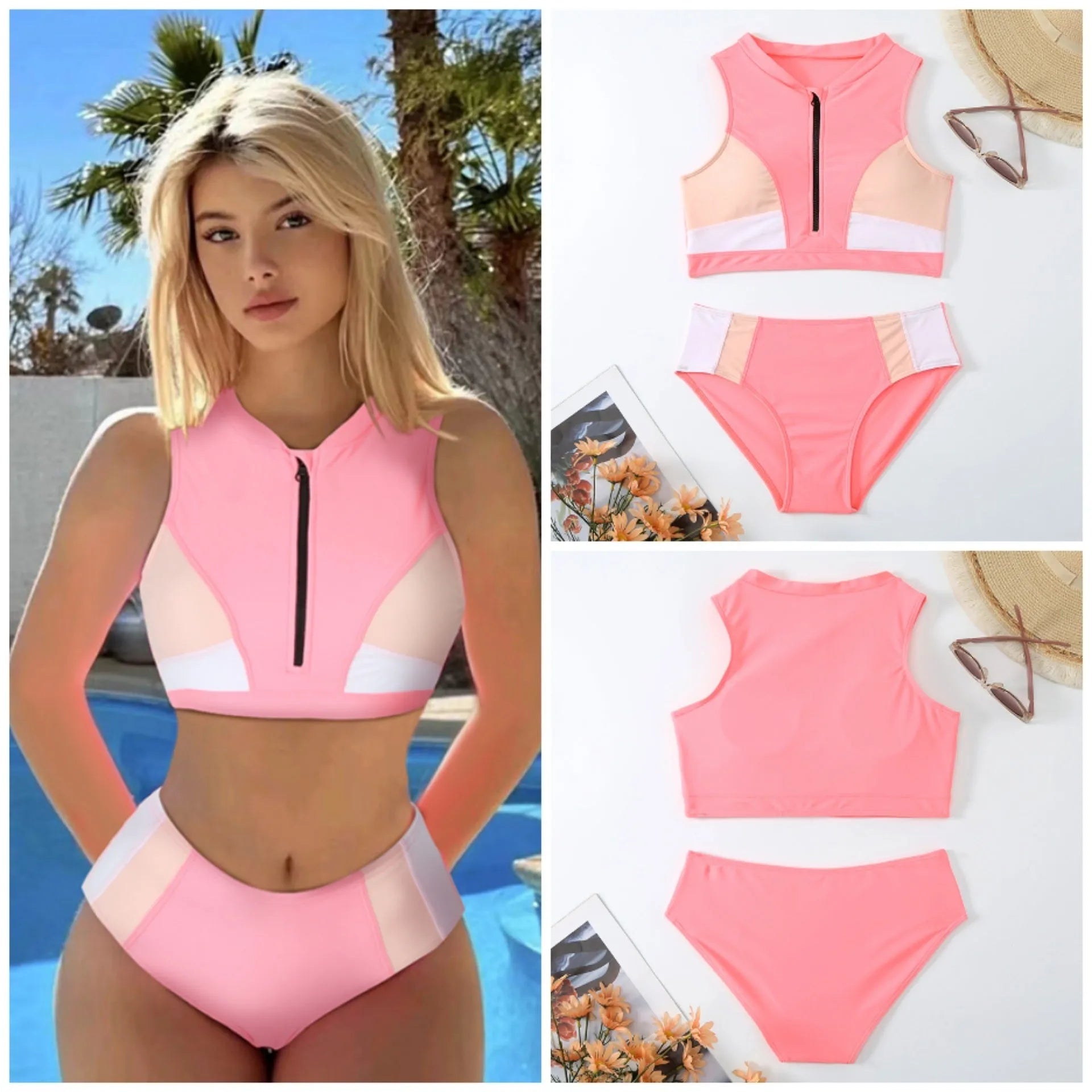 Pink high waist split leg bikini swimsuit with mesh lining on mannequin