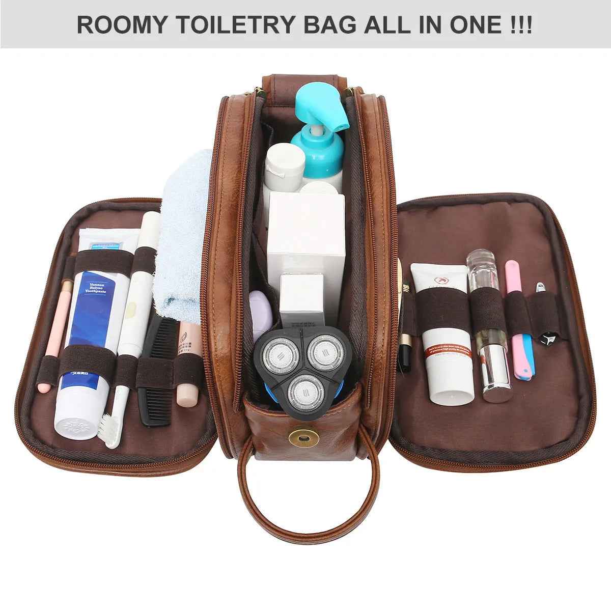Black men's PU toiletry bag with zipper open, showing interior.