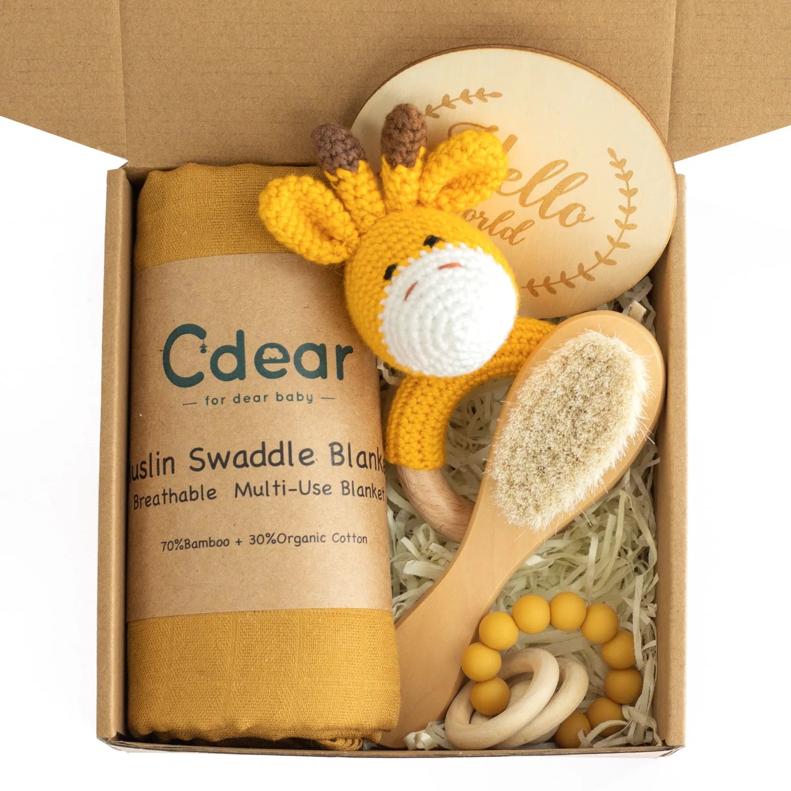 Baby teething gift set with wooden toys and large bamboo-cotton gauze blanket in assorted colours
